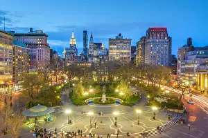 New York, New York, USA cityscape over Union Square in Lower Manhattan at twilight