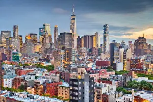 New York, New York, USA downtown city skyline over the Lower East Side at dusk