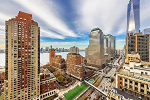 New York, New York, USA financial district cityscape over the West Side Highway in the afternoon