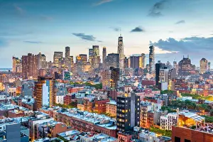 New York, New York, USA Financial district skyline from the Lower East Side at dusk
