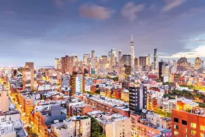 New York, New York, USA Financial district skyline from the Lower East Side at dusk