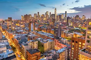 New York, New York, USA Financial district skyline from the Lower East Side at dusk