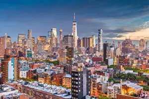 New York, New York, USA Financial district skyline from the Lower East Side at dusk