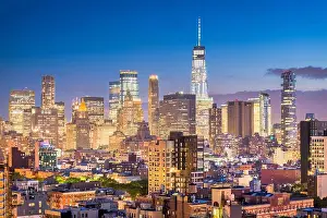 New York, New York, USA Financial district skyline from the Lower East Side at dusk