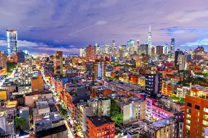 New York, New York, USA Lower Manhattan city skyline rooftop view at dusk