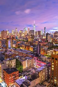New York, New York, USA Lower Manhattan city skyline rooftop view at dusk