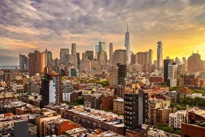 New York, New York, USA Lower Manhattan city skyline rooftop view at dusk