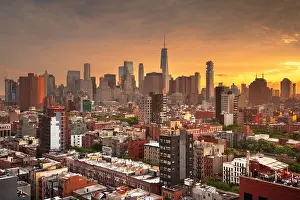 New York, New York, USA Lower Manhattan city skyline rooftop view at dusk