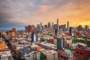 New York, New York, USA Lower Manhattan city skyline rooftop view at dusk