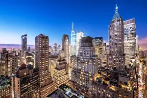 New York, New York, USA Lower Manhattan Financial District cityscape from above at twilight