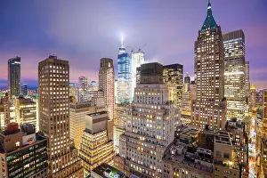 New York, New York, USA Lower Manhattan Financial District cityscape from above at twilight