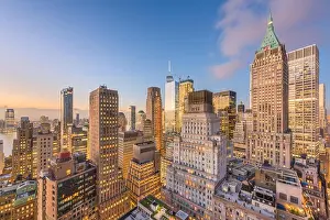 New York, New York, USA Lower Manhattan financial district cityscape from above at twilight