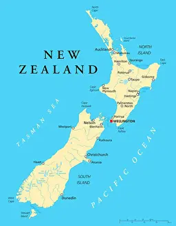 Christchurch Prints: New Zealand Political Map with capital Wellington