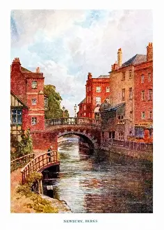 Pictures Prints: Newbury, Berks, 1920 watercolour by Sutton Palmer of the bridge over the River Kennet in the West Berkshire town