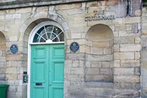 Council Prints: Newcastle, UK - 7 July 2019: Door way and plaque to the Guildhall