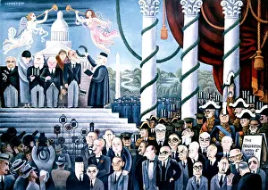 Newly Prints: Newly elected President Franklin D Roosevelt appearing on steps Capitole Caricature Miguel Covarrubias published
