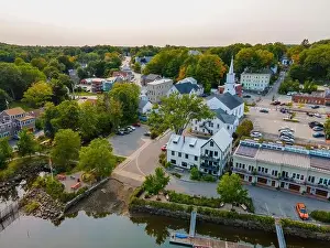 Newmarket Community Church aerial view on Main Street in historic town center of Newmarket, New Hampshire NH, USA