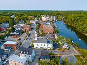 Newmarket Community Church aerial view on Main Street in historic town center of Newmarket, New Hampshire NH, USA