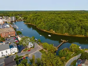 Newmarket Mills building aerial view on Lamprey River on Main Street in historic town center of Newmarket