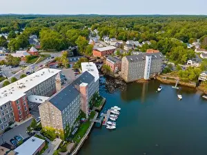 Town Center Prints: Newmarket Mills building aerial view on Lamprey River on Main Street in historic town center of Newmarket