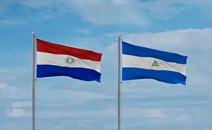 Association Prints: Nicaragua and Paraguay flags waving together on blue cloudy sky