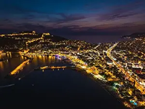 Night over Alanya from a drone, Turkish Riviera on Mediterranean Coast, Antalya, Turkey