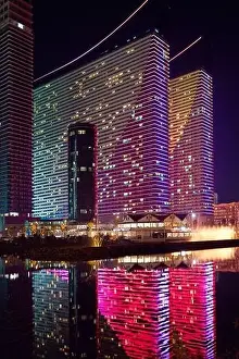 Night city of Batumi. Illuminated modern buildings at night