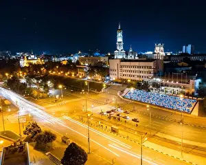 Kharkiv Prints: Night city center streets with cars driving in long exposure