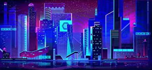 Multistorey Prints: Night city with neon illumination