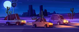 Drought Prints: Night desert road landscape with car and cactus vector background