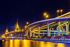 Traffic Light Prints: Night light traffic at Bhumibol bridge, Bangkok, Thailand