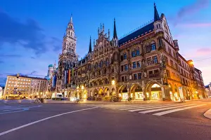Night panorama of Marienplatz and Munich city hall in Munich, Germany