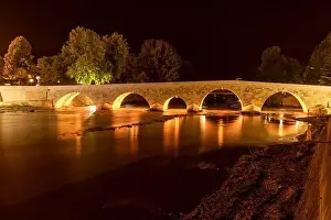 Tree Leaf Prints: Night shot of the historical stone bridge in the Taşova district of Amasya