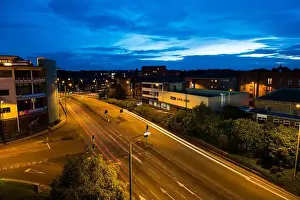 Motion Blur Prints: Night time in derby England with roads and st Marys church in the background and light trails
