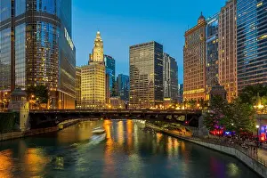 High Rise Prints: Night view of downtown skyline and Chicago river, Chicago, Illinois, USA