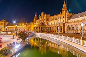 Sky Travel Prints: Night view of Plaza de Espana in Sevilla, Spain