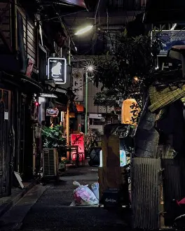 Alleyway Prints: Night view of a small, cluttered alley near Nishiogikubo Station in western Tokyo