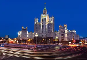 Crossroads Prints: Night view of Stalin skyscraper at Kotelnicheskya embankment in center of Moscow, Russia
