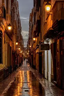 Cadiz Prints: Night view of a typical street in the downtown of Cadiz, Andalusia, Spain