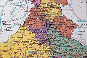 Punjab Prints: north india map with state borders, delhi, punjab, haryana in close up