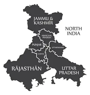 North India region map labelled black illustration
