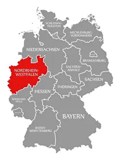 Westphalia Prints: North Rhine Westphalia red highlighted in map of Germany
