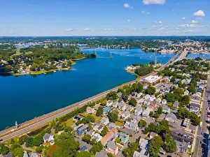 Salem Prints: North River and Danvers River aerial view at the river mouth to the Atlantic at Salem Neck historic district in city of