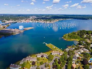 Salem Prints: North River and Danvers River aerial view at the river mouth to the Atlantic at Salem Neck historic district in city of