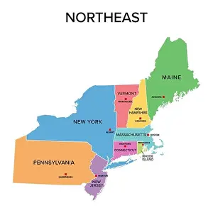 Northeast, U.S. census region, multi colored political map. Census region 1 of the United States, consisting of 9 single states. Colored silhouettes