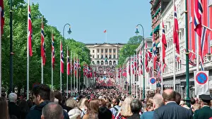 Flag Waving Prints: Norwegian Constitution Day, 17th May, as seen from Karl Johans Gate, Oslo, Norway