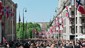 Flag Waving Prints: Norwegian Constitution Day, 17th May, as seen from Karl Johans Gate, Oslo, Norway