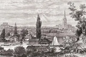 Vintage Print Prints: Norwich, Norfolk, England, seen here from the Meadows in the 19th century