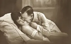 Kiss Prints: Nostalgia lovers, bed, b/w, postcard, nostalgic