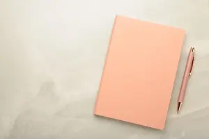 Copybook Prints: Notebooks and pen on light background, top view